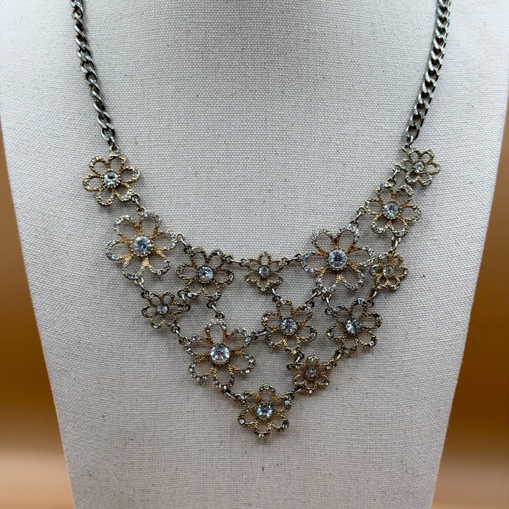 Floral Rhinestone Bib Necklace Gold & Silver Tone Statement Coquette Wedding